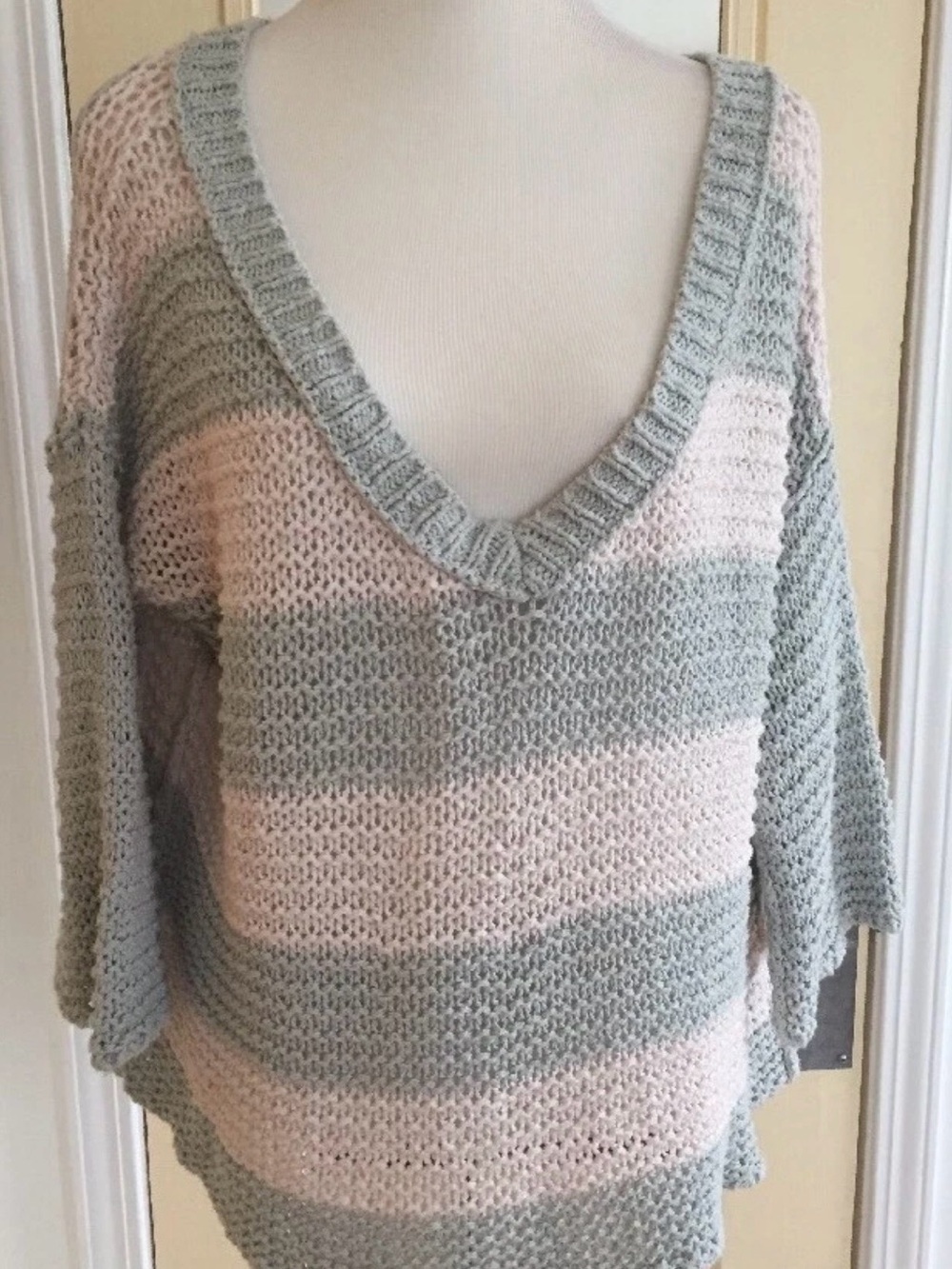 Free People Striped V-Neck Sweater in Light Gray and Cream